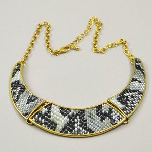 Vintage Faux Black & Gray Snakeskin in Gold Tone Setting Bib Necklace